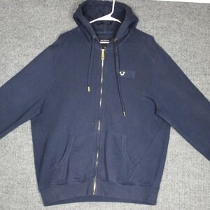 True Religion Full Zip Up Hoodie Mens XL Blue Gold Logo Details